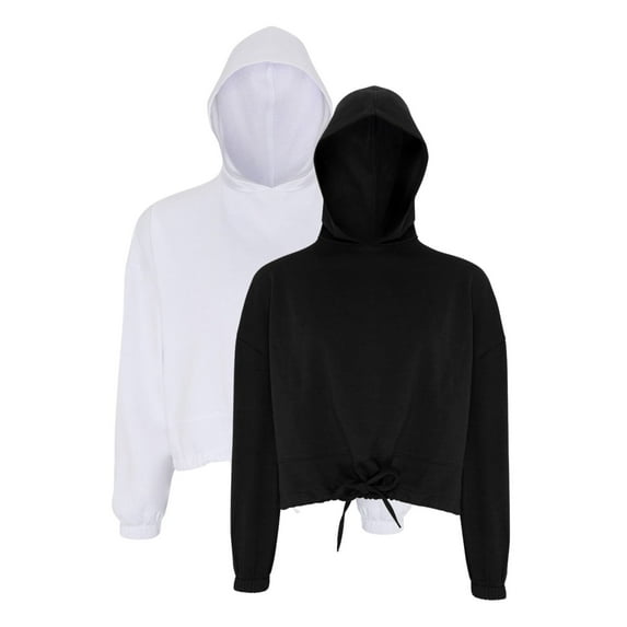 TriDri Women's Cropped Maria Hooded Sweatshirt, 60/40 Recycled Polyester Winter Long Fleece Pullover (Black+White 2 Pack, 2XL)
