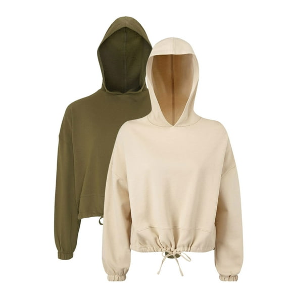 TriDri Women's Cropped Maria Hooded Sweatshirt, 60/40 Recycled Polyester Winter Long Fleece Pullover (Olive Nude 2 Pack, XS)