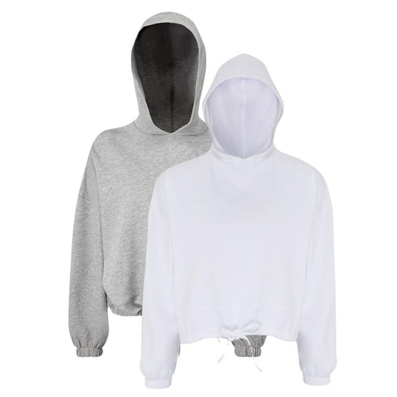 TriDri Women's Cropped Maria Hooded Sweatshirt, 60/40 Recycled Polyester Winter Long Fleece Pullover (White+Heather Grey 2 Pack, 2XL)