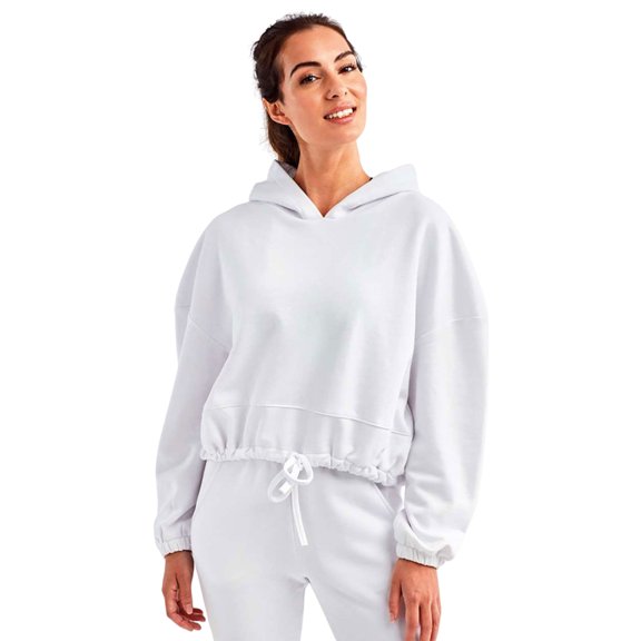 TriDri Women's Cropped Maria Hooded Sweatshirt, 60/40 Recycled Polyester Winter Long Fleece Pullover (White , L)