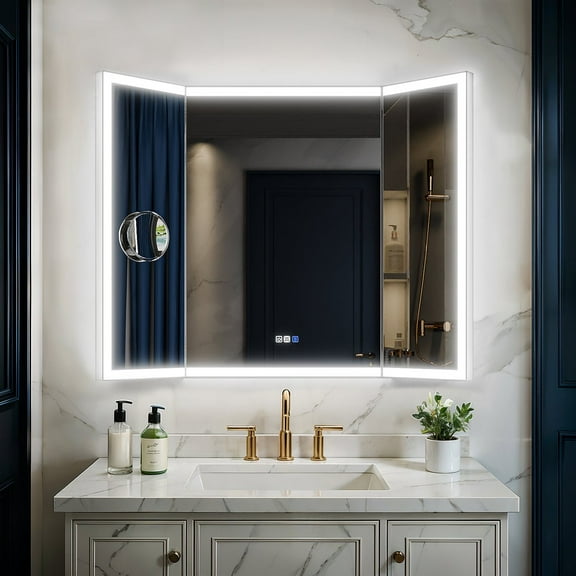 TriFold 48" W x 36" H LED Lighted Three Ways Bathroom Mirror, Front & Back Lighting, with Movable Magnifying Mirror