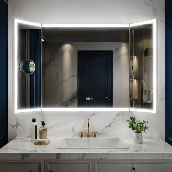 TriFold 60" W x 36" H LED Lighted Three Ways Bathroom Mirror, Front & Back Lighting, with Movable Magnifying Mirror