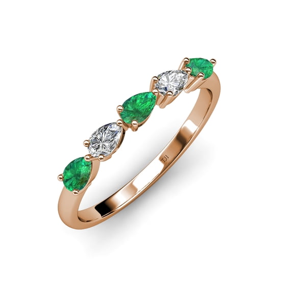 TriJewels 1.04 ctw Pear Cut Emerald and Lab Grown Diamond 5 Stone Wedding Band in 10K Rose Gold