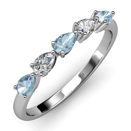 TriJewels 1.16 ctw Pear Cut Aquamarine and Lab Grown Diamond 5 Stone Wedding Band in 10K Gold