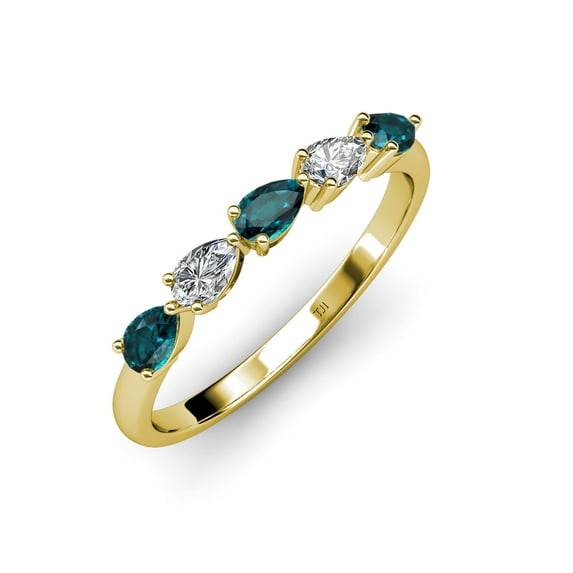 TriJewels 1.25 ctw Pear Cut London Blue Topaz and Lab Grown Diamond 5 Stone Wedding Band in 10K Yellow Gold