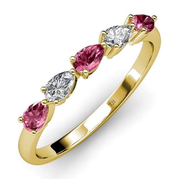 TriJewels 1.25 ctw Pear Cut Pink Tourmaline and Lab Grown Diamond 5 Stone Wedding Band in 10K Yellow Gold
