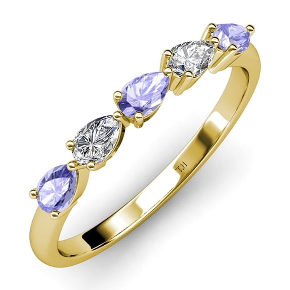 TriJewels 1.25 ctw Pear Cut Tanzanite and Lab Grown Diamond 5 Stone Wedding Band in 10K Yellow Gold