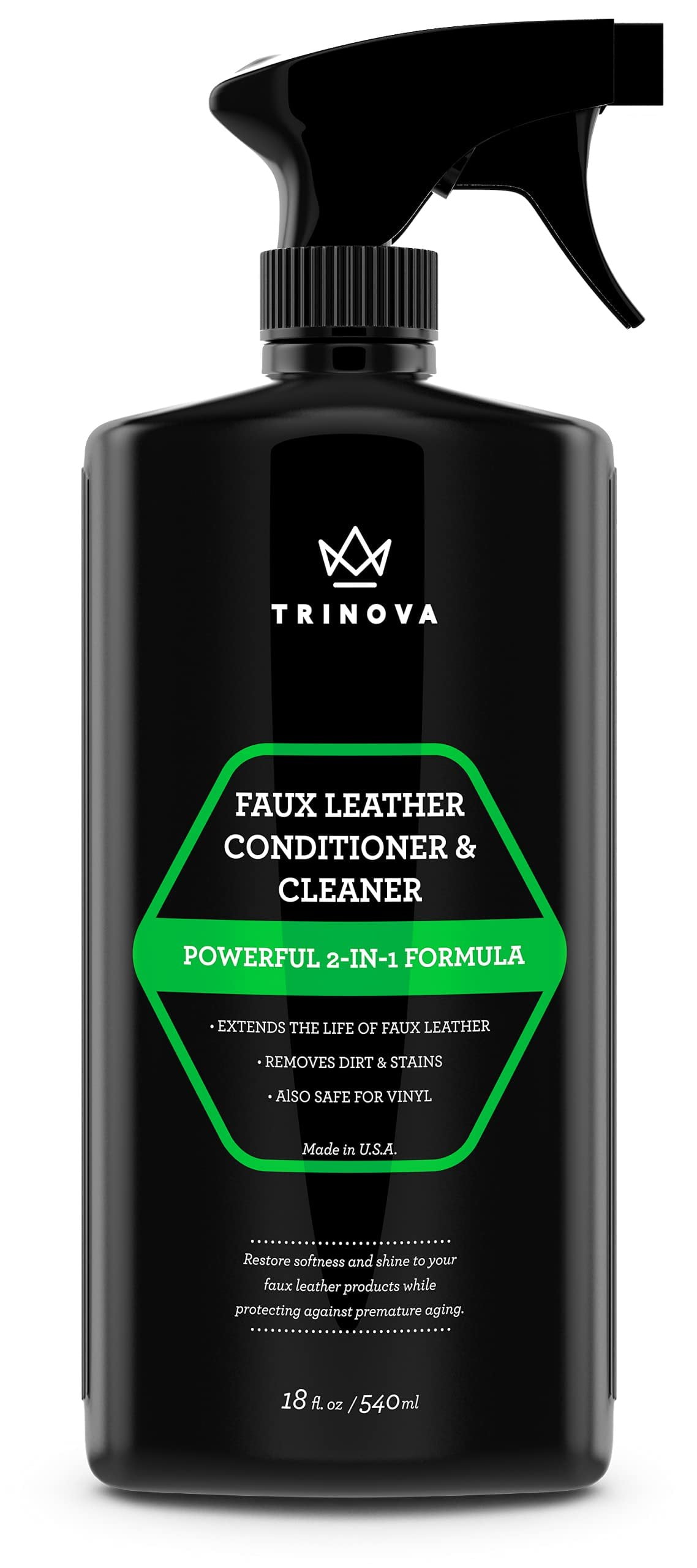 TriNova Leatherette Vinyl and Faux Leather Cleaner & Conditioner - Keep Seats, Jackets, Pleather, Handbags, Sofas, Couches, Shoes, Boots & More Looking New, 18 fl oz