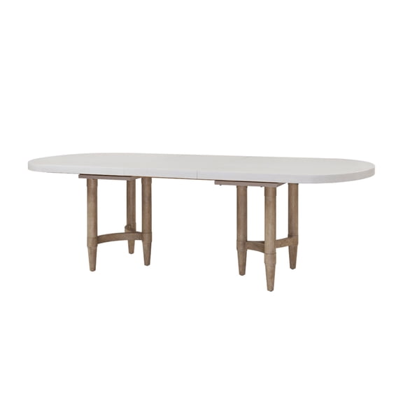 Triad Double Pedestal Dining Table With 20" Leaf, Expandable To 98", Sand Colored Finish, Solid Wood + , Casual Transitional 98" W, And