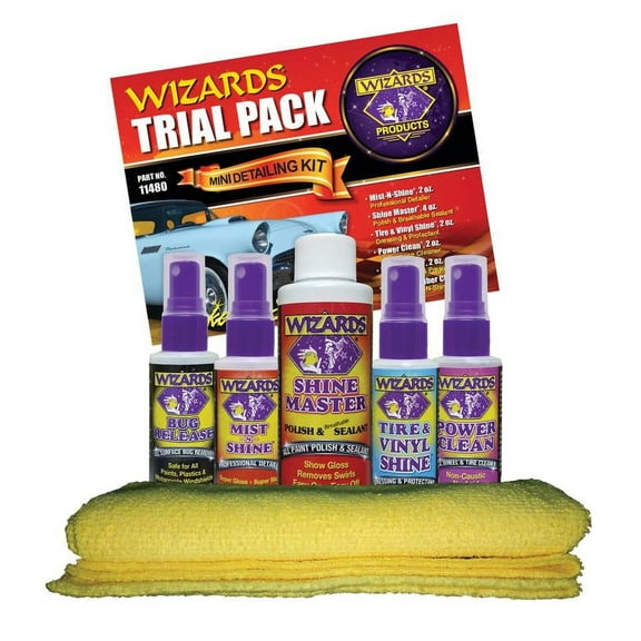 Wizards Trial Pack Sample Assortment of 6 Car Care Products | Compact Travel Size Detailing Kit for Cleaning, Polishing & Protecting