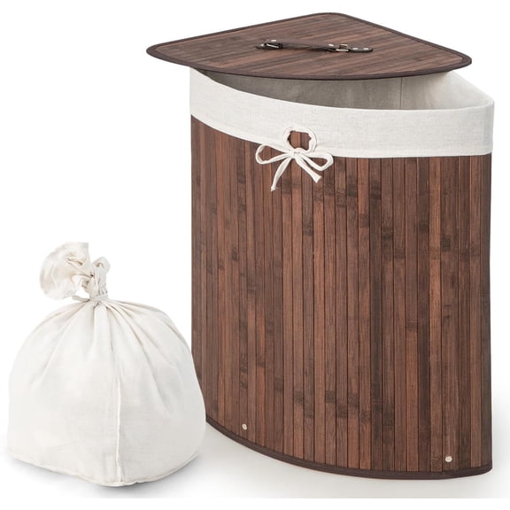 Triangle Bamboo Corner Laundry Hamper with Lid Removable Liner and Handles Clothes Storage Basket for Bedroom Bathroom Small Spaces