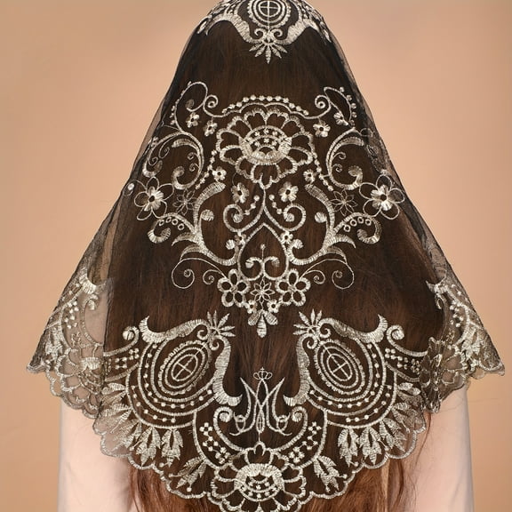 Triangle Catholic Chapel Mantilla Veils - Short Camellia Embroidery Latin Mass Scarf Church Lace Veil with Gift Box