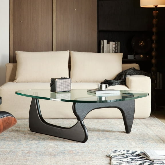 Tranqu Triangle Clear Glass Coffee Table, 0.75″ Ultra Thick Tempered Glass Top, Wooden Base, Modern Cocktail Table for Living Room - Black