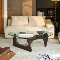 Tranqu Triangle Clear Glass Coffee Table, 0.75″ Ultra Thick Tempered Glass Top, Wooden Base, Modern Cocktail Table for Living Room - Dark walnut