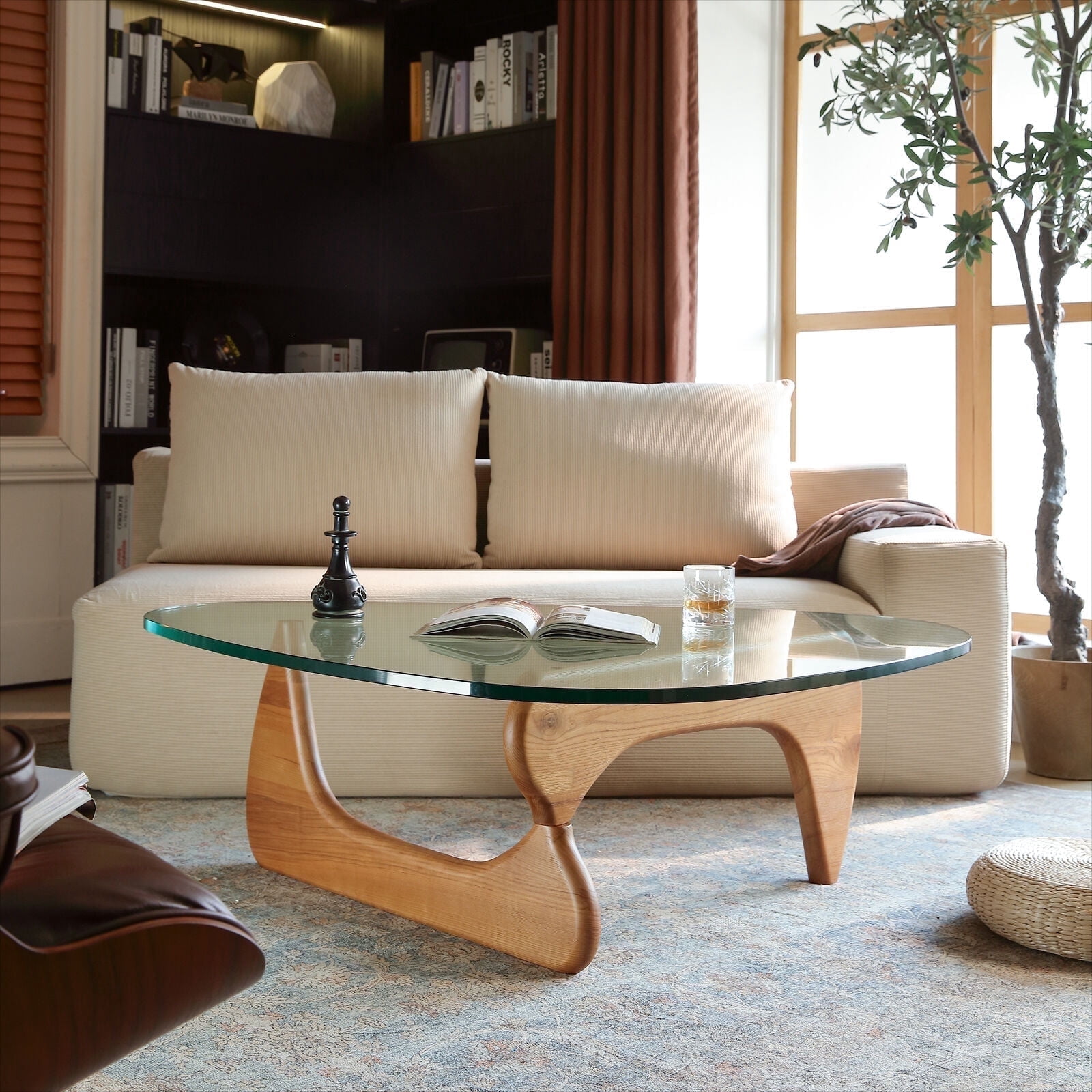Tranqu Triangle Clear Glass Coffee Table, 0.75″ Ultra Thick Tempered Glass Top, Wooden Base, Modern Cocktail Table for Living Room - Light walnut