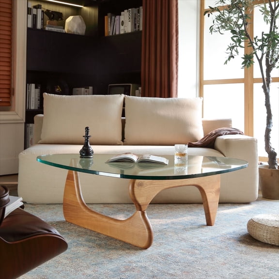 Tranqu Triangle Clear Glass Coffee Table, 0.75″ Ultra Thick Tempered Glass Top, Wooden Base, Modern Cocktail Table for Living Room - Light walnut