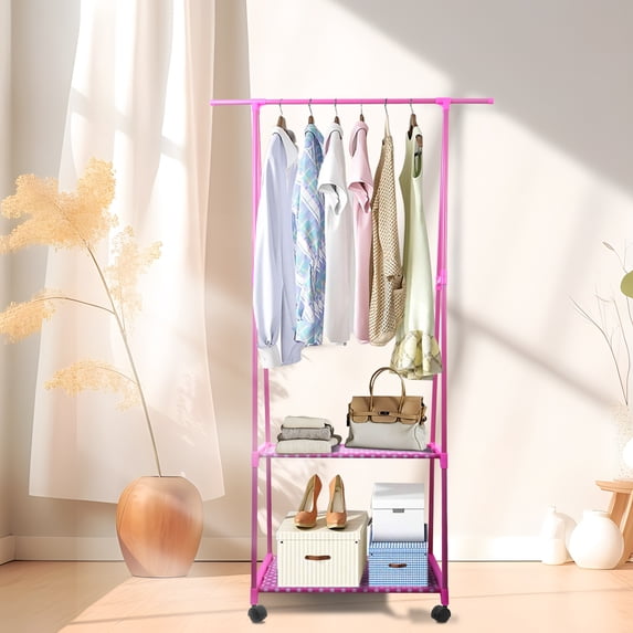 Triangle Clothes Rack, Clothes Rack on Wheels, Garment Rack with 2-Tier Storage Shelves, Movable Hanging Clothes Tree Quilt Shoes Bags Boxes Hanger Stand Organizer, Pink
