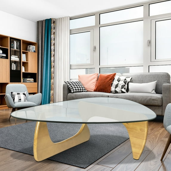 Triangle Coffee Table, Modern Accent Cocktail Table with Clear Glass Top and Solid Wood Base, Multifunctional Tempered Glass Sofa Table End Table for Living Room Bedroom Office Hotel, Natural