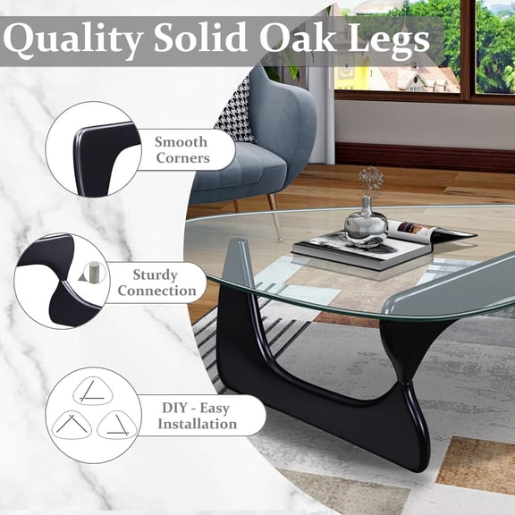 Triangle Coffee with Wooden Base Clear Glass Top Mid-Century Glass Abstract End for Living Room Home Office Triangle Coffee (Black/Transparent, Small 32.2 * 22.4 * 16in)