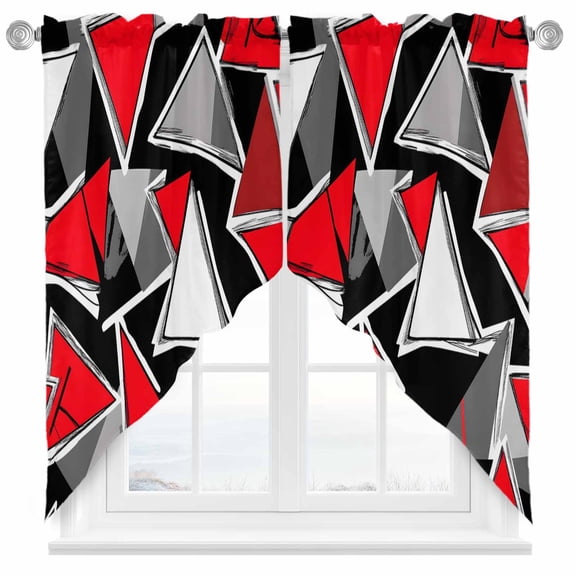 Triangle Color Block Swag Curtain Valance for Windows, Red Black Stitching Window Treatments Short Swag Topper for Kitchen Windows Bathroom Bedroom, 36"x63"
