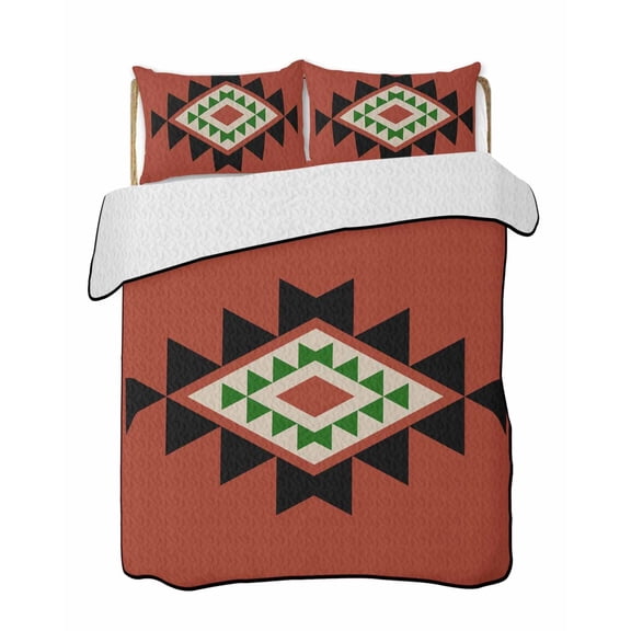 Triangle Combination Pattern 3 Piece Quilt Bedding Set with 2 Pillow Shams, Black Green Red Retro Decor Lightweight Bedspread Coverlet, Soft Breathable All Season Quilt, 90 x 96 Inch