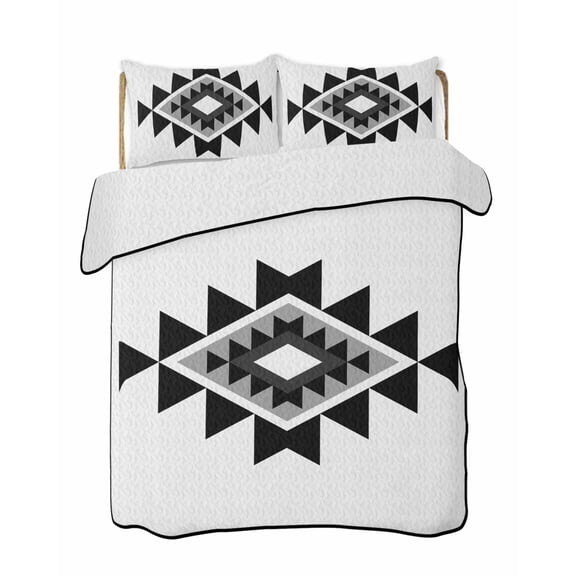Triangle Combination Pattern 3 Piece Quilt Bedding Set with 2 Pillow Shams, Black Grey White Retro Decor Lightweight Bedspread Coverlet, Soft Breathable All Season Quilt, 68 x 98 Inch