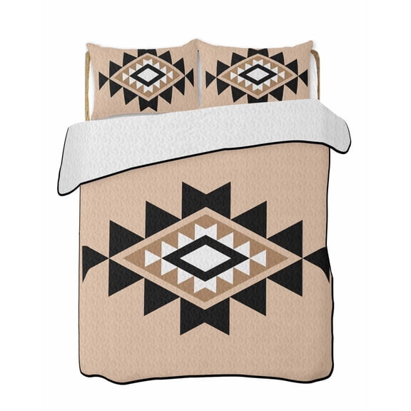 Triangle Combination Pattern 3 Piece Quilt Bedding Set with 2 Pillow Shams, Black White Brown Retro Decor Lightweight Bedspread Coverlet, Soft Breathable All Season Quilt, 68 x 98 Inch