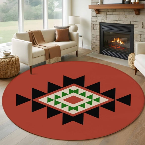 Triangle Combination Pattern 7ft Round Rug for Living Room Conversation Area, Black Green Red Retro Decor Washable Non Slip Large Circle Area Rug