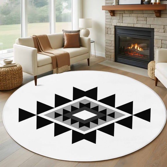 Triangle Combination Pattern 7ft Round Rug for Living Room Conversation Area, Black Grey White Retro Decor Washable Non Slip Large Circle Area Rug