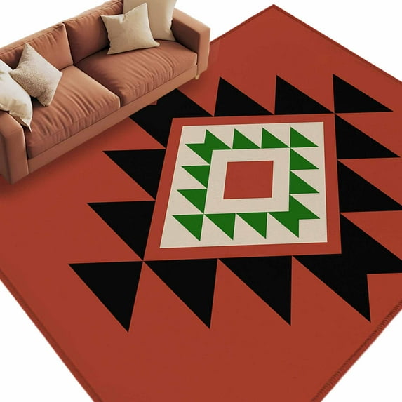 Triangle Combination Pattern Area Rug 5x8ft Black Green Red Retro Decor Non-Slip Washable Square Rugs Soft Felt Indoor Floor Mat for Bedroom Kitchen Living Room Bathroom