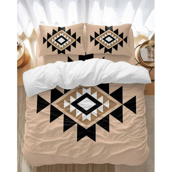 Triangle Combination Pattern Bedding Duvet Cover Set Queen Size 4 Pieces Black White Brown Retro Decor Bedding Set with Zipper Closure, 1 Comforter Cover 90x92 Inches 1 Flat Sheet & 2 Pillow Cases
