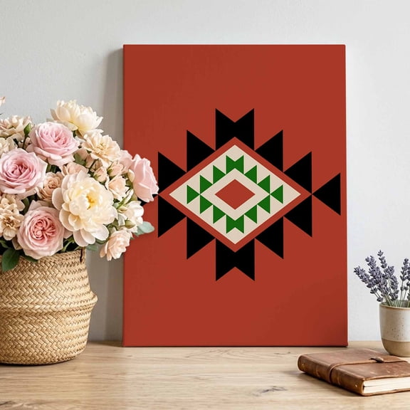 Triangle Combination Pattern Canvas Wall Art, Black Green Red Retro Decor Framed Canvas Wall Decor Picture Print Artwork Decorations for Living Room Office Ready to Hang 10" x 8"
