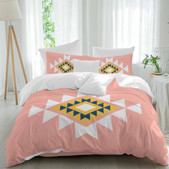 Triangle Combination Pattern Full Size Comforter Set, Pink Yellow Blue Retro Decor Bedding for All Seasons, 4 Pcs Bed Set, 1Quiltcover (86"x86") ,1Sheet(80"x116"), 2Pillowcases (30"x20")