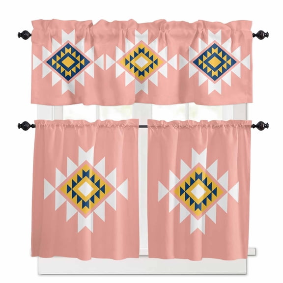 Triangle Combination Pattern Kitchen Curtains Valances and Tiers Set of 3, 24 Inch Length Tier Curtains and Valance Rod Pocket Valance Curtains Set for Kitchen Bathroom Small Windows