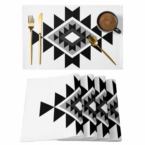 Triangle Combination Pattern Placemats Set of 2 Black Grey White Retro Decor Heat Insulation Washable Place Mats, Rustic Non-Slip Table Mats for Dining Table Party Kitchen Decor,13x19 Inch