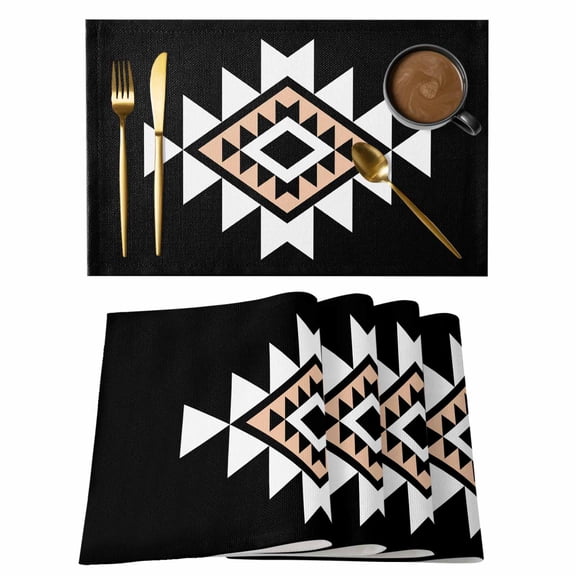 Triangle Combination Pattern Placemats Set of 6 White Brown Black Retro Decor Heat Insulation Washable Place Mats, Rustic Non-Slip Table Mats for Dining Table Party Kitchen Decor,13x19 Inch