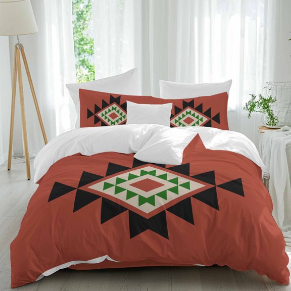 Triangle Combination Pattern Queen Size Comforter Set, Black Green Red Retro Decor Bedding for All Seasons, 4 Pcs Bed Set, 1Quiltcover (90"x92") ,1Sheet(94"x116"), 2Pillowcases (30"x20")