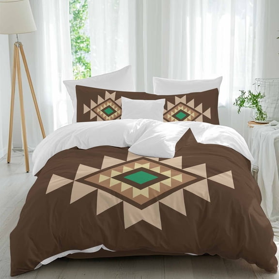Triangle Combination Pattern Queen Size Comforter Set, Brown Green Retro Decor Bedding for All Seasons, 4 Pcs Bed Set, 1Quiltcover (90"x92") ,1Sheet(94"x116"), 2Pillowcases (30"x20")