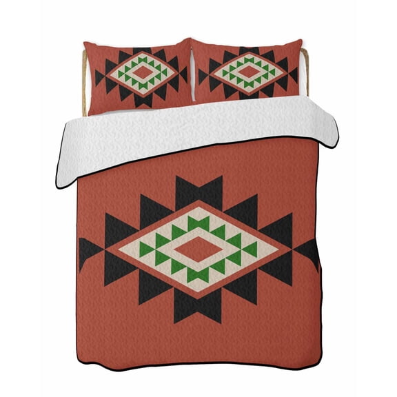 Triangle Combination Pattern Quilts Bedding Set Full Size Black Green Red Retro Decor Lightweight Quilted Bedspread 3 Piece Bed Quilt with 2 Pillow Shams All Season for Bedroom 68" x 98"