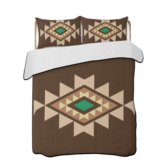Triangle Combination Pattern Quilts Bedding Set Full Size Brown Green Retro Decor Lightweight Quilted Bedspread 3 Piece Bed Quilt with 2 Pillow Shams All Season for Bedroom 68" x 98"