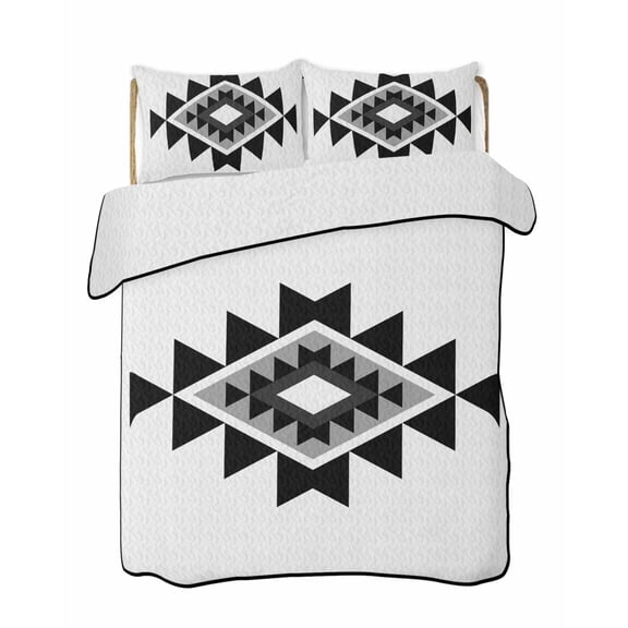 Triangle Combination Pattern Quilts Bedding Set Queen Size Black Grey White Retro Decor Lightweight Quilted Bedspread 3 Piece Bed Quilt with 2 Pillow Shams All Season for Bedroom 78" x 90"