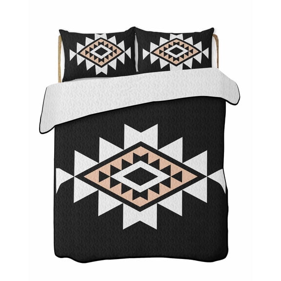 Triangle Combination Pattern Quilts Bedding Set Queen Size White Brown Black Retro Decor Lightweight Quilted Bedspread 3 Piece Bed Quilt with 2 Pillow Shams All Season for Bedroom 78" x 90"