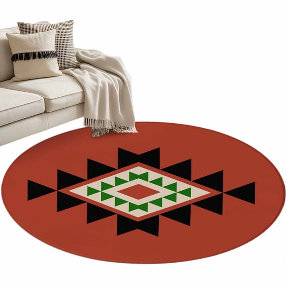 Triangle Combination Pattern Round Area Rug 4ft Black Green Red Retro Decor Non-Slip Washable Circle Rugs Soft Felt Indoor Floor Mat for Bedroom Kitchen Living Room Bathroom