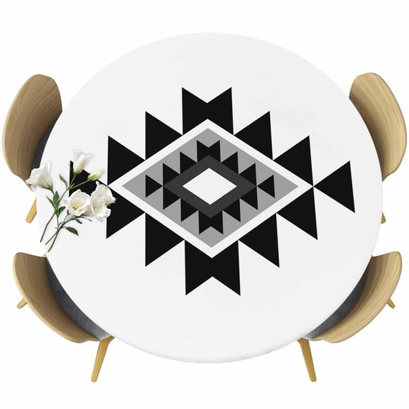 Triangle Combination Pattern Round Fitted Tablecloth with Elastic Edge, Black Grey White Retro Decor Stretch Table Covers for 45"-54" Tables Wipeable Table Cloth for Outdoor