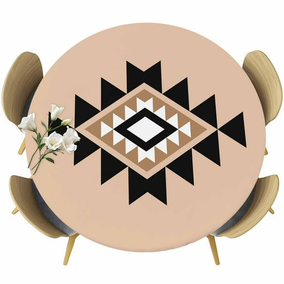 Triangle Combination Pattern Round Fitted Tablecloth with Elastic Edge, Black White Brown Retro Decor Stretch Table Covers for 45"-54" Tables Wipeable Table Cloth for Outdoor