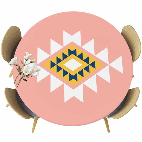 Triangle Combination Pattern Round Fitted Tablecloth with Elastic Edge, Pink Yellow Blue Retro Decor Stretch Table Covers for 36"-44" Tables Wipeable Table Cloth for Outdoor