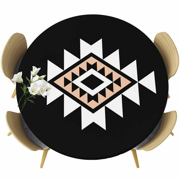 Triangle Combination Pattern Round Fitted Tablecloth with Elastic Edge, White Brown Black Retro Decor Stretch Table Covers for 45"-54" Tables Wipeable Table Cloth for Outdoor