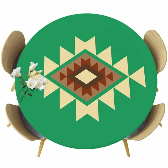 Triangle Combination Pattern Round Fitted Tablecloth with Elastic Edge, Yellow Brown Green Retro Decor Stretch Table Covers for 45"-54" Tables Wipeable Table Cloth for Outdoor