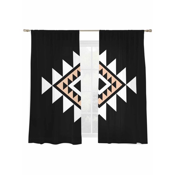 Triangle Combination Pattern Sheer Curtains 63 Inch Long 2 Panels, White Brown Black Retro Decor Light Filtering Rod Pocket Semi Sheer Curtains, Sheer Voile Drapes for Living Room Bedroom, 52"x63"