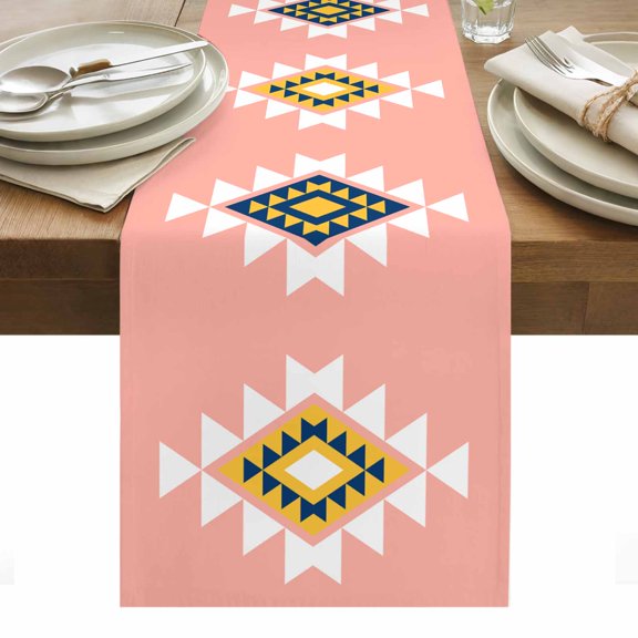 Triangle Combination Pattern Table Runner 13 x 36 Inch, Pink Yellow Blue Retro Decor Washable Cotton Linen Dining Table Runner Tabletop Decorations for Restaurant Home Kitchen Party